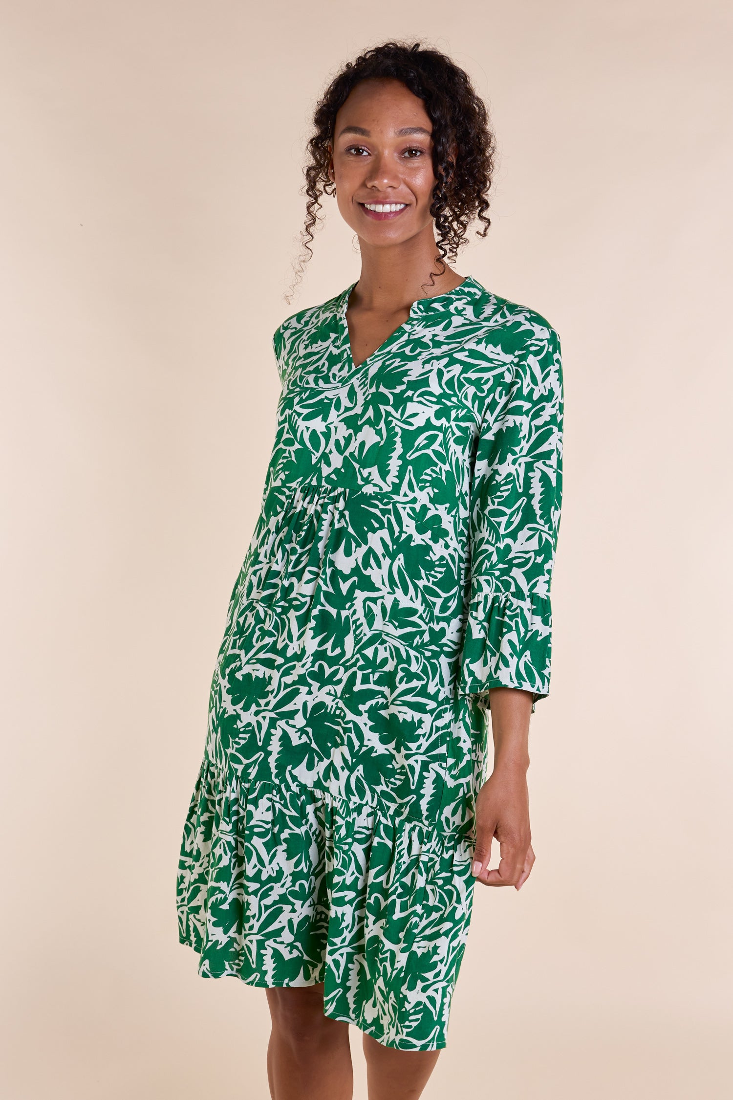 NOMADS ECOVERO GATHERED TUNIC DRESS - LEAF
