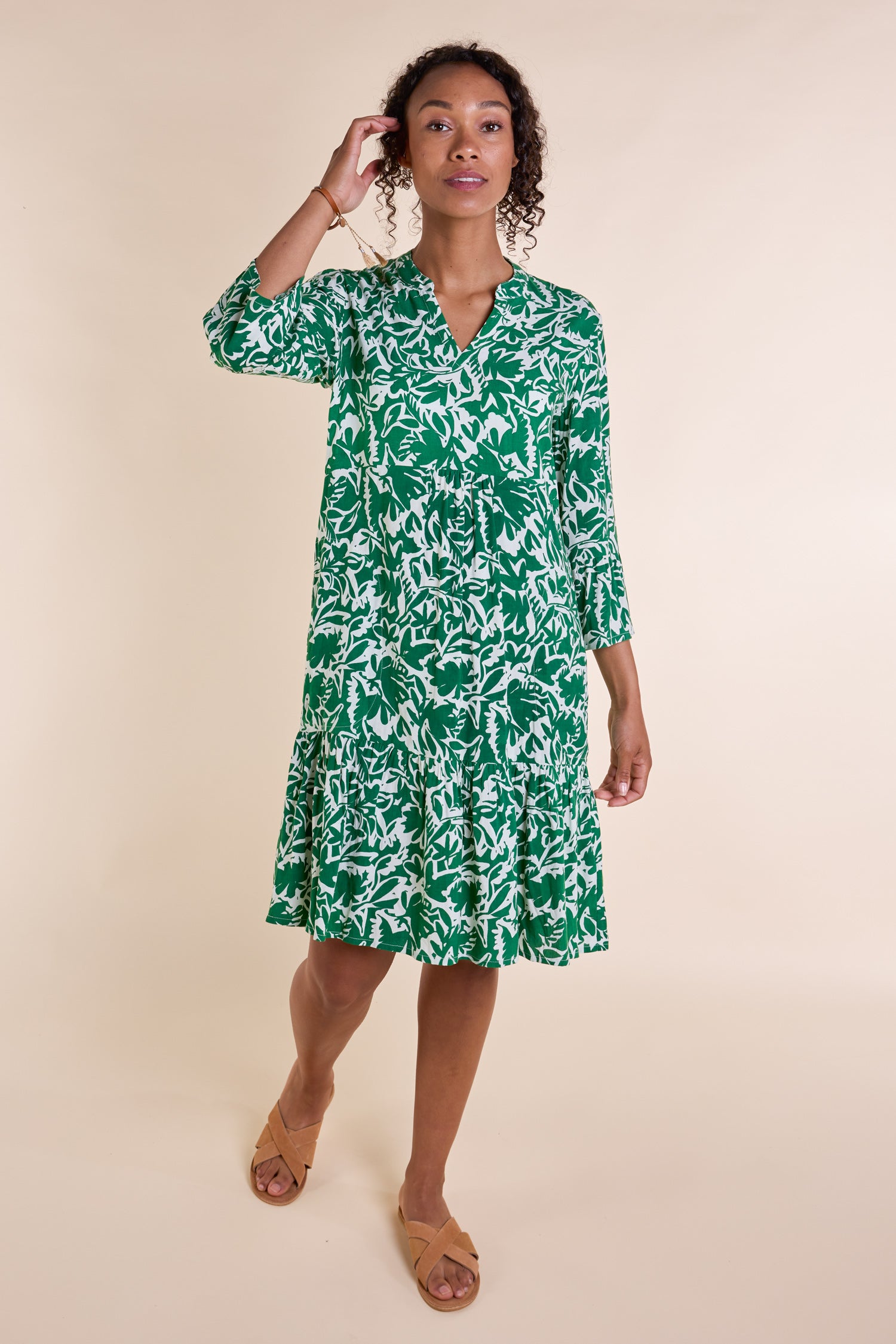 NOMADS ECOVERO GATHERED TUNIC DRESS - LEAF