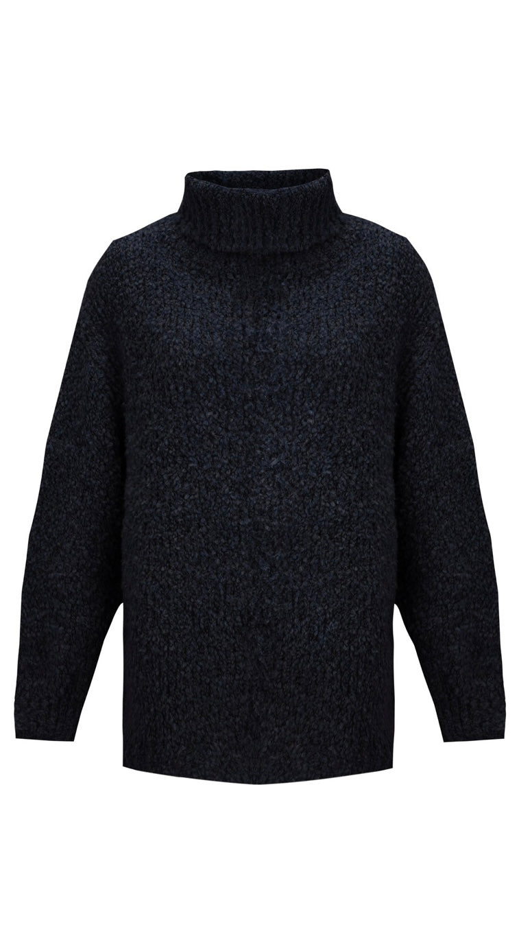 VINNY NAVY BOUCLE WOOL BLEND POLO NECK KNIT