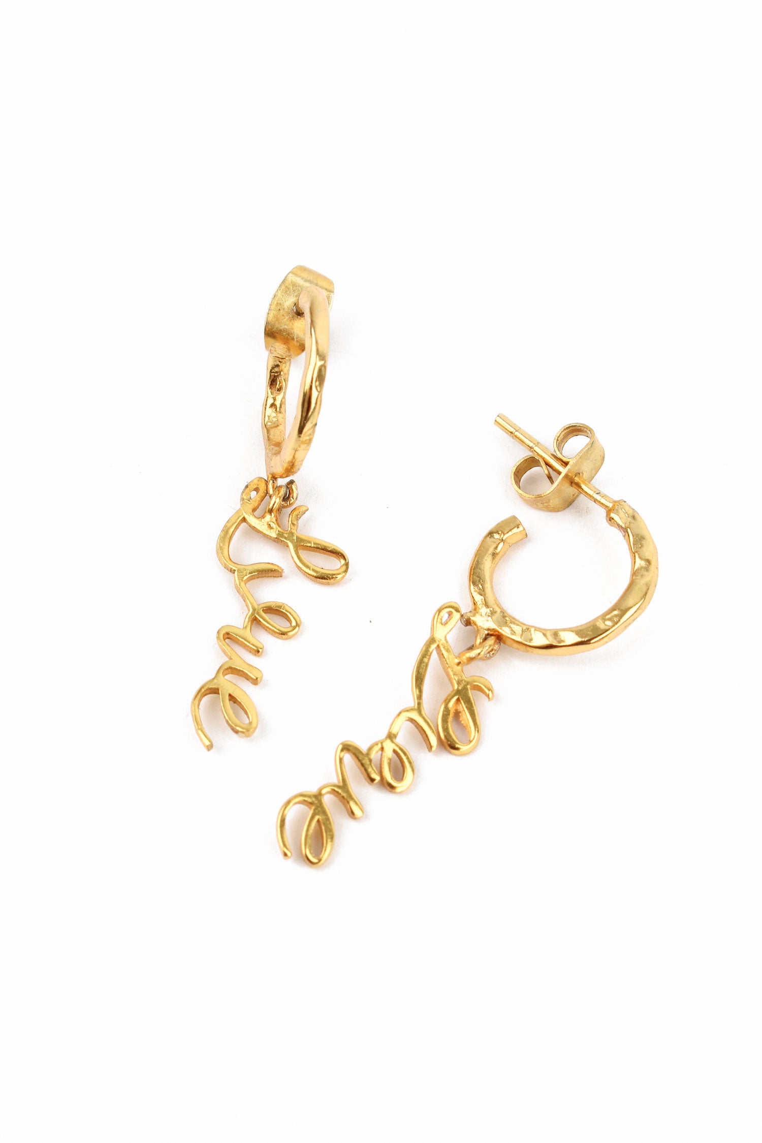MY DORIS 'LOVE' WRITING CHARM HUGGIE HOOP EARRINGS