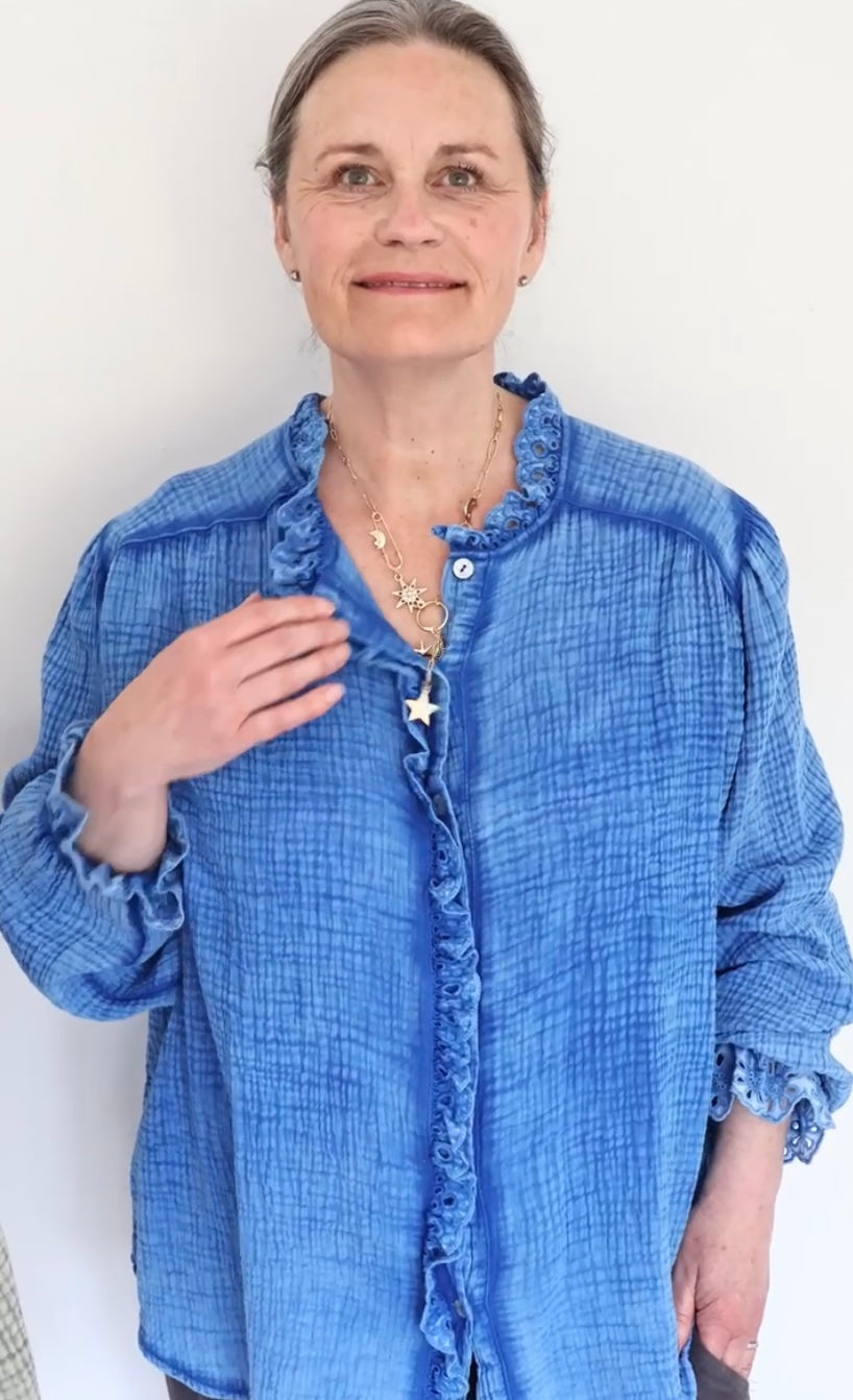 FRILL CHEESECLOTH BLOUSE - BRIGHT BLUE