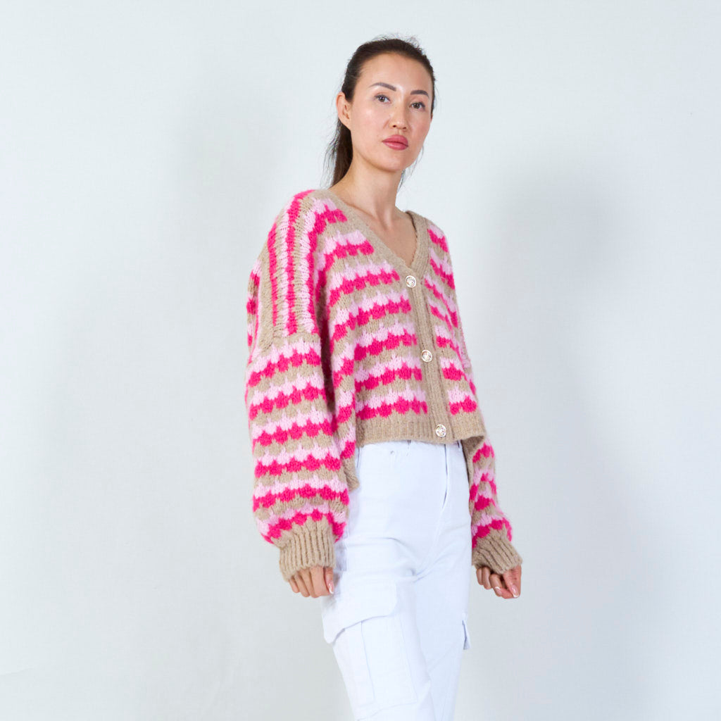 V-NECK CARDIGAN WITH MULTI PINK STRIPES