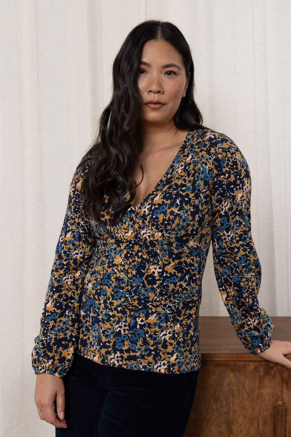 LILY & ME PAIGE LONG SLEEVE WRAP TOP - MUSTARD