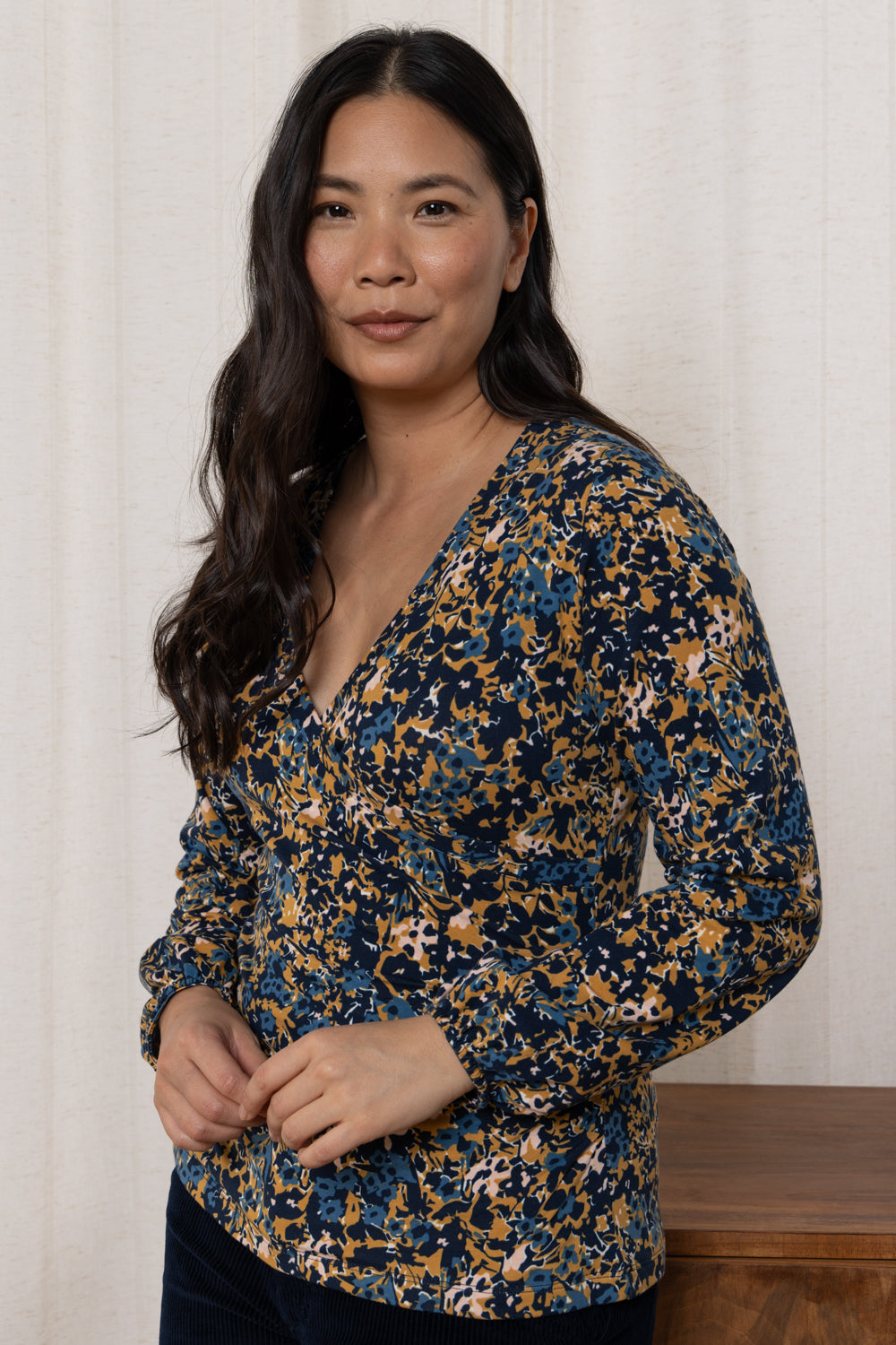 LILY & ME PAIGE LONG SLEEVE WRAP TOP - MUSTARD