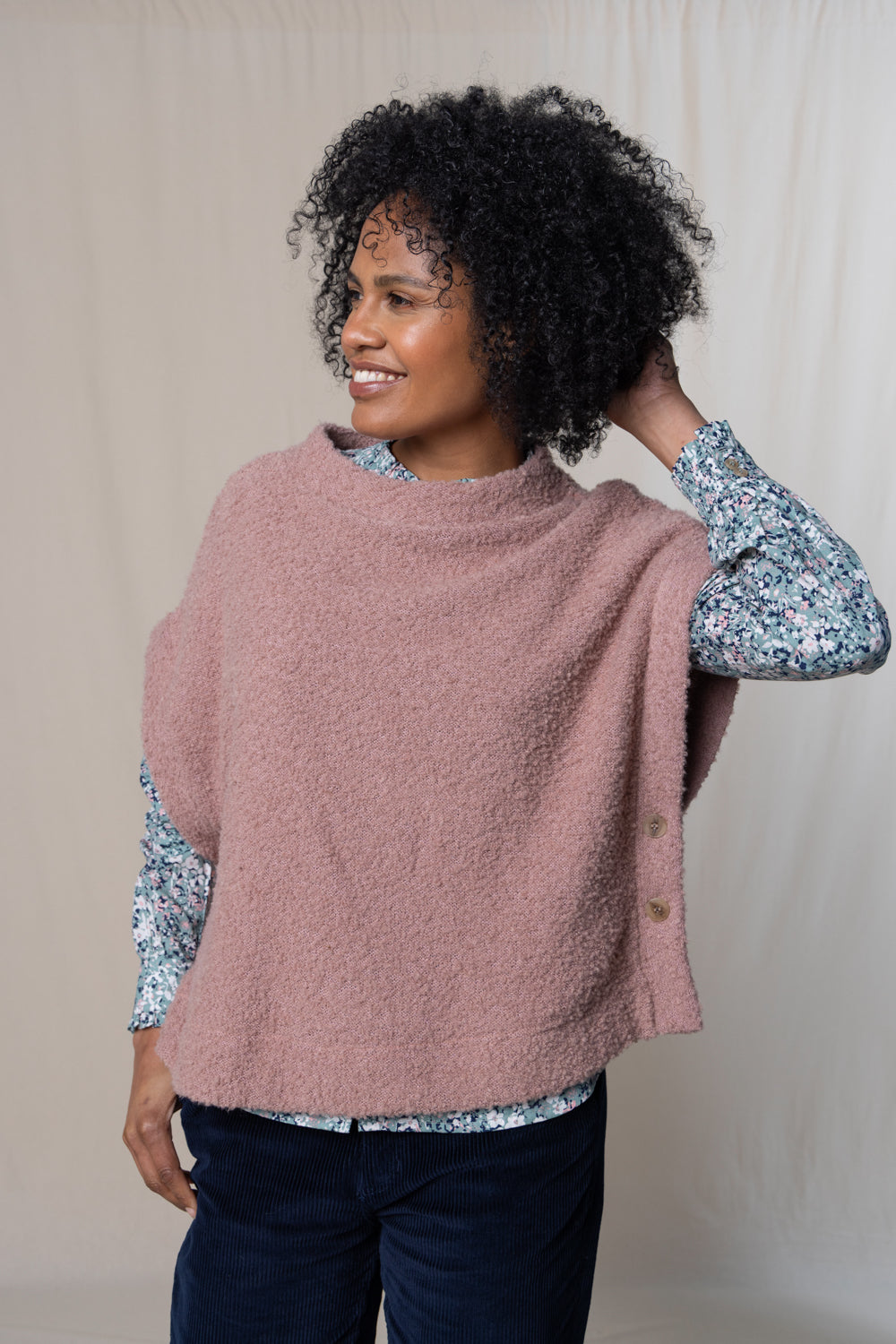TABITHA BUTTON PONCHO - DUSKY PINK