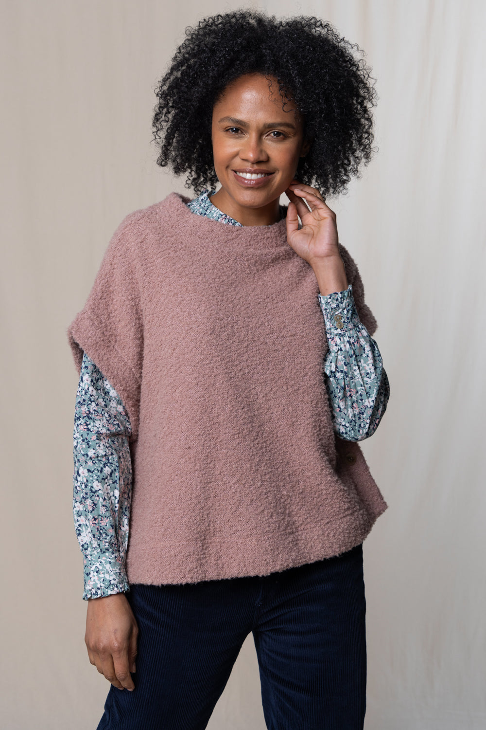 TABITHA BUTTON PONCHO - DUSKY PINK