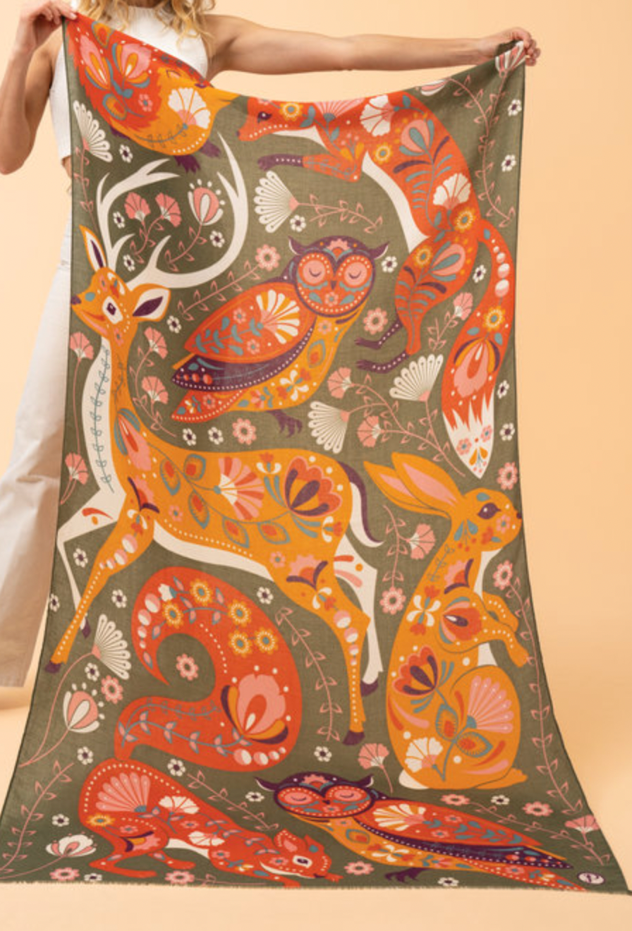 Printed Folk Art Forest Scarf