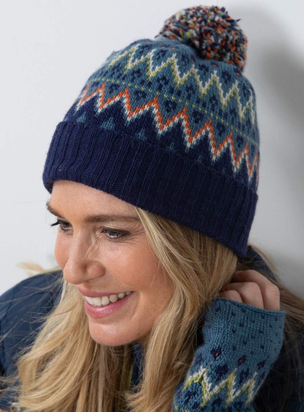 Fair Isle Wool Bobble Hat - Soft Blue