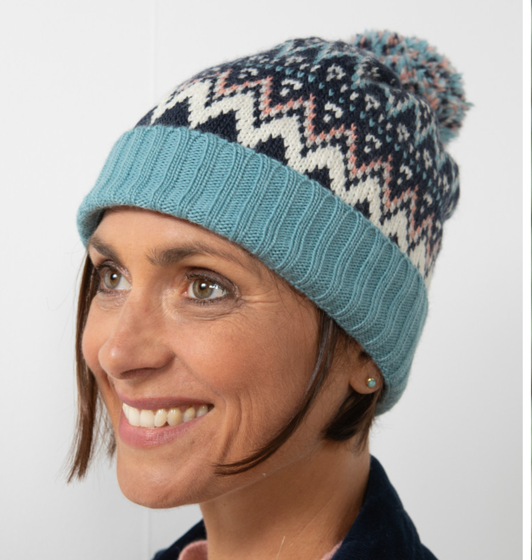 Fair Isle Wool Bobble Hat - Navy