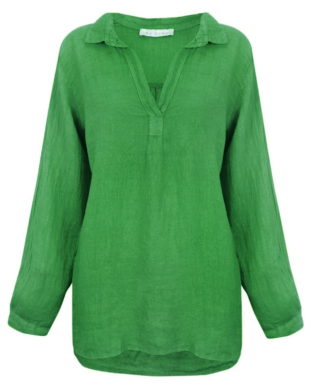 BELA LONG SLEEVE LINEN TOP - EMERALD GREEN