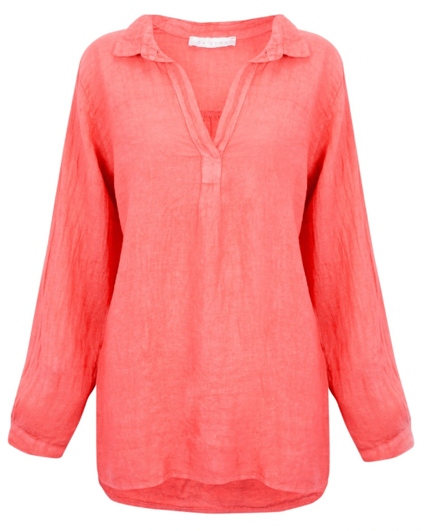 BELA LONG SLEEVE LINEN TOP - CORAL
