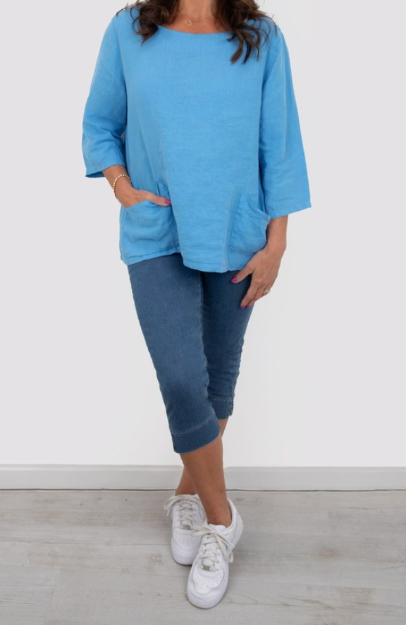 AMAZING WOMAN EDIE 2 POCKET LINEN TOP - BLUE