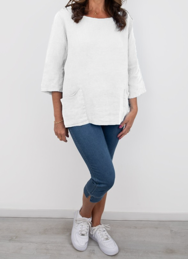 AMAZING WOMAN EDIE 2 POCKET LINEN TOP - WHITE