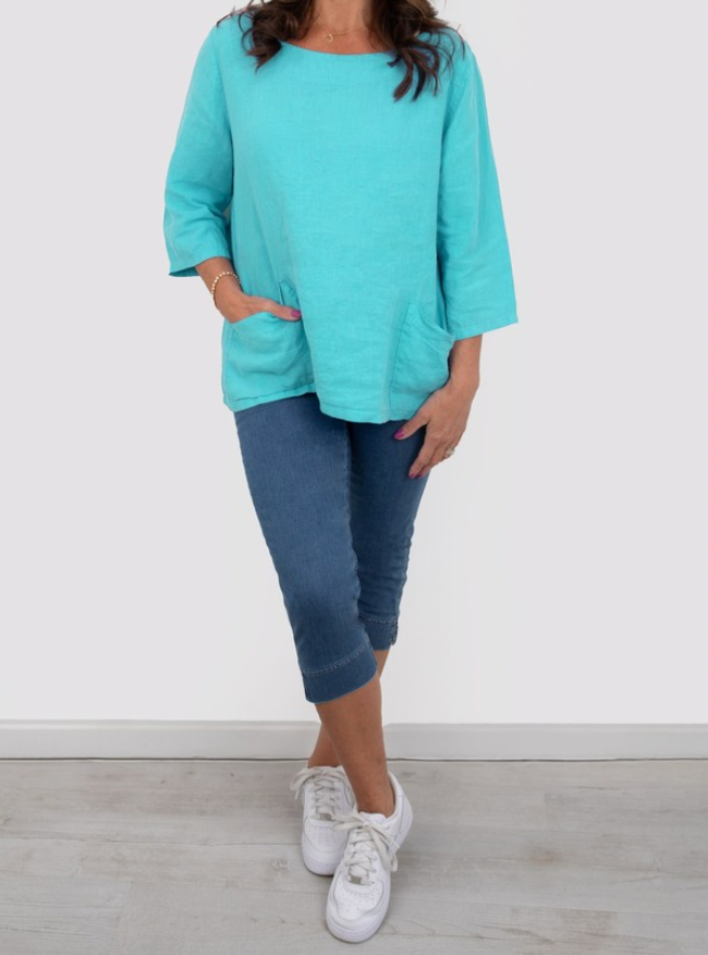 AMAZING WOMAN EDIE 2 POCKET LINEN TOP - TURQUOISE