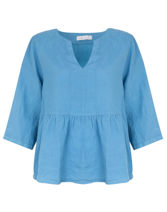 AMAZING WOMAN ELODIE PEPLUM LINEN TOP - BLUE