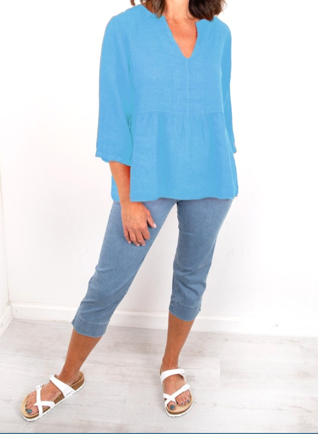 AMAZING WOMAN ELODIE PEPLUM LINEN TOP - BLUE