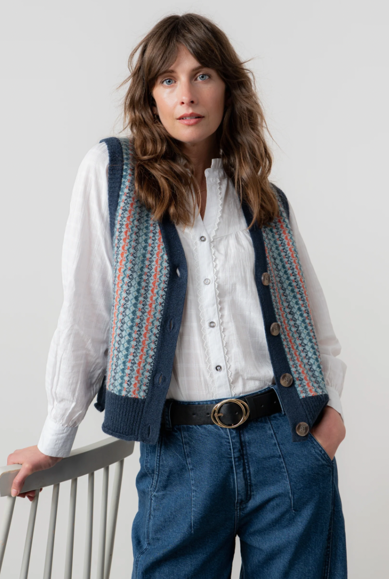 LILY AND ME FAIRISLE SLEEVELESS CARDIGAN - TEAL