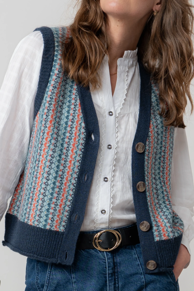 LILY AND ME FAIRISLE SLEEVELESS CARDIGAN - TEAL
