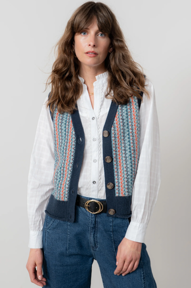 LILY AND ME FAIRISLE SLEEVELESS CARDIGAN - TEAL