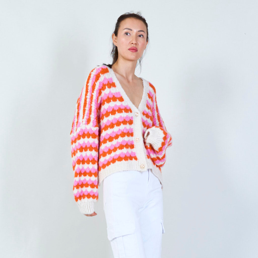 V-NECK CARDIGAN WITH PINK/ORANGE PATTERN