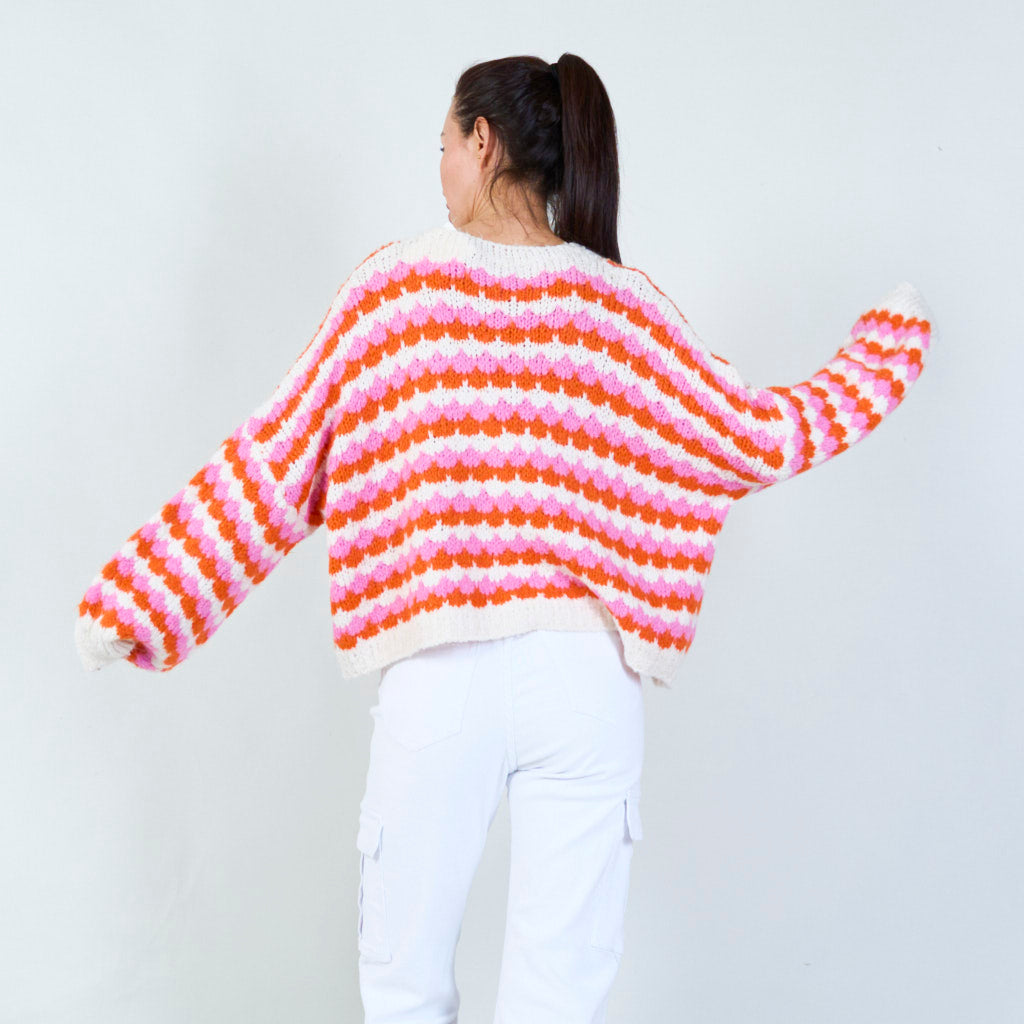 V-NECK CARDIGAN WITH PINK/ORANGE PATTERN