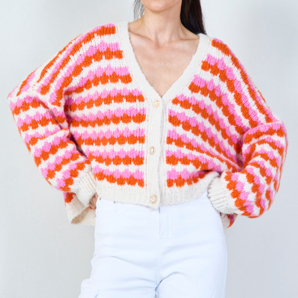 V-NECK CARDIGAN WITH PINK/ORANGE PATTERN