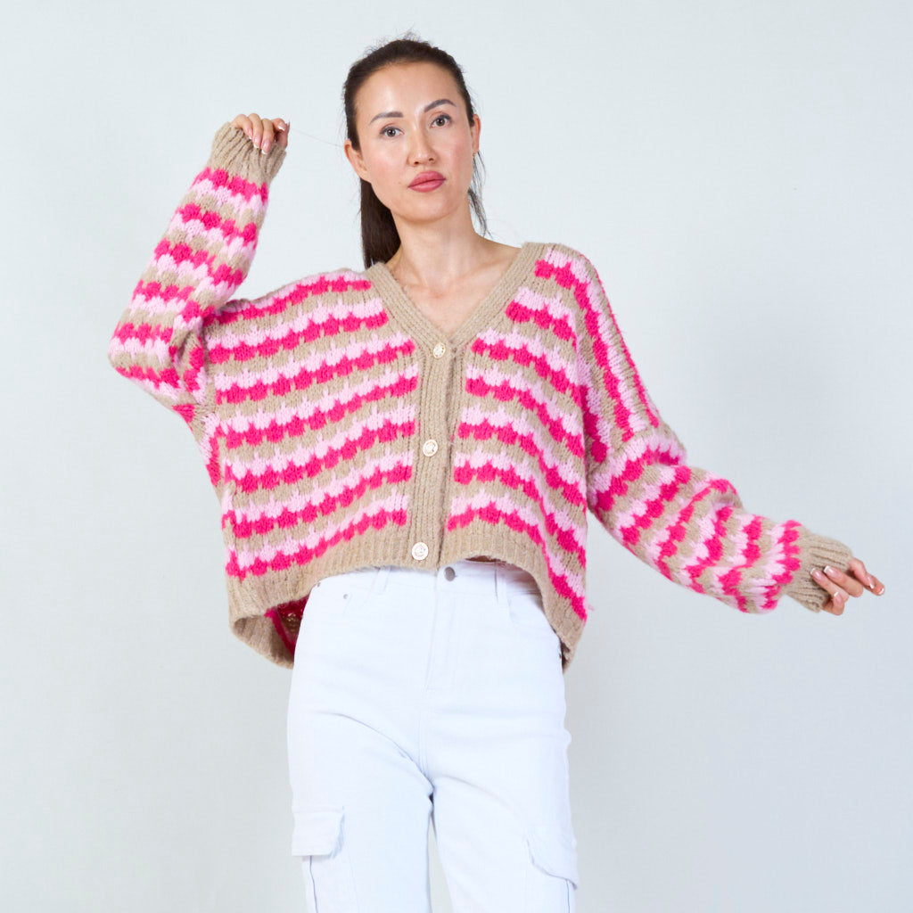 V-NECK CARDIGAN WITH MULTI PINK STRIPES