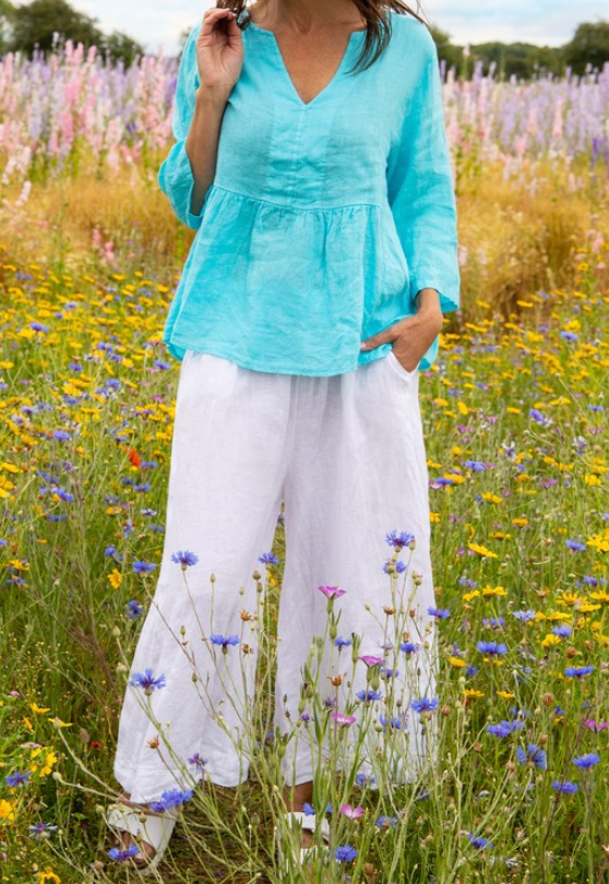 AMAZING WOMAN ELODIE PEPLUM LINEN TOP - TURQUOISE